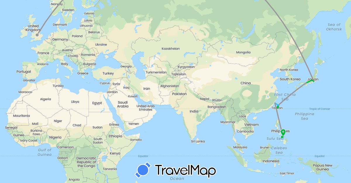 TravelMap itinerary: driving, bus, plane, boat in United Kingdom, Japan, Philippines, Taiwan (Asia, Europe)