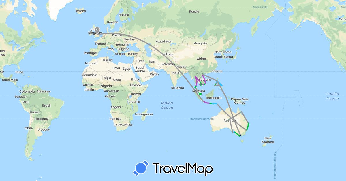 TravelMap itinerary: driving, bus, plane, train, boat in Australia, United Kingdom, Indonesia, Cambodia, Malaysia, Philippines, Singapore, Thailand, Vietnam (Asia, Europe, Oceania)